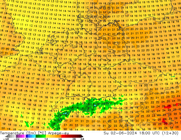 Temperatura (2m) Arpege-eu dom 02.06.2024 18 UTC