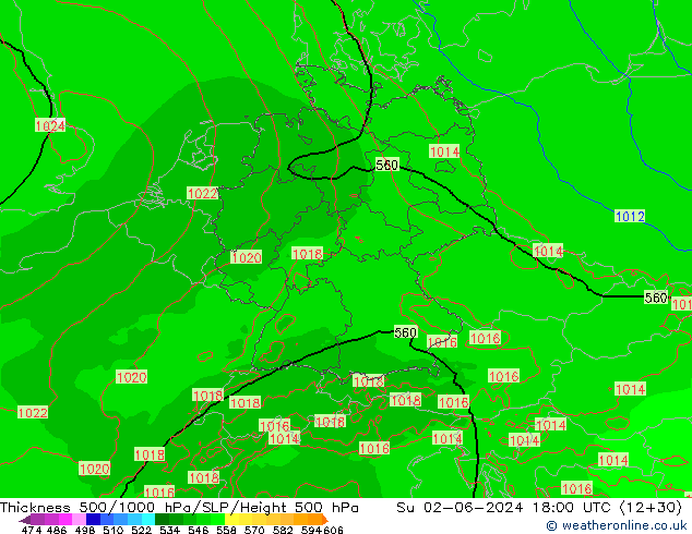 Schichtdicke 500-1000 hPa Arpege-eu So 02.06.2024 18 UTC