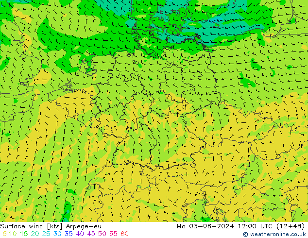 wiatr 10 m Arpege-eu pon. 03.06.2024 12 UTC