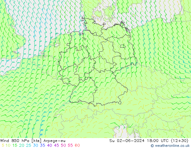 Viento 850 hPa Arpege-eu dom 02.06.2024 18 UTC