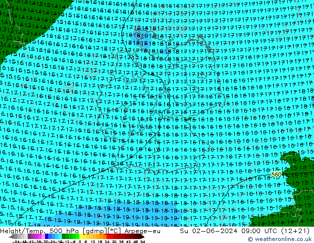 Height/Temp. 500 hPa Arpege-eu Su 02.06.2024 09 UTC