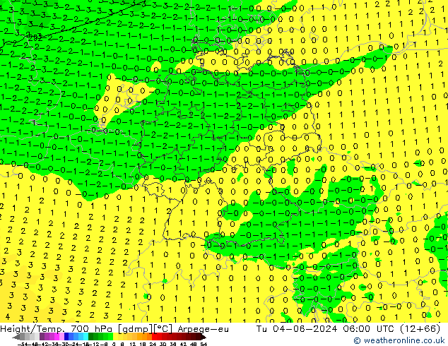 Hoogte/Temp. 700 hPa Arpege-eu di 04.06.2024 06 UTC