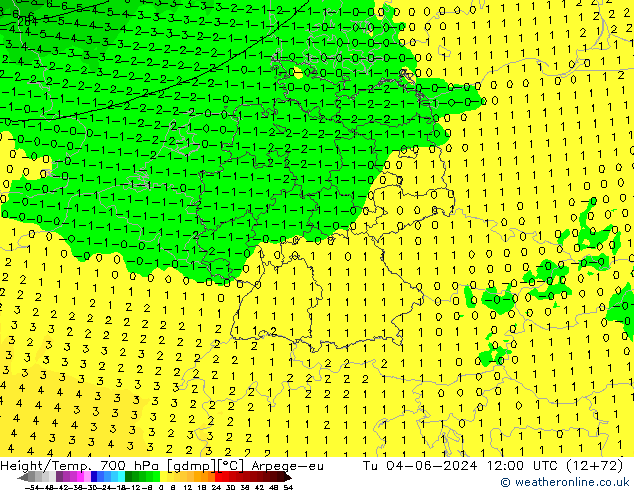 Height/Temp. 700 hPa Arpege-eu Út 04.06.2024 12 UTC