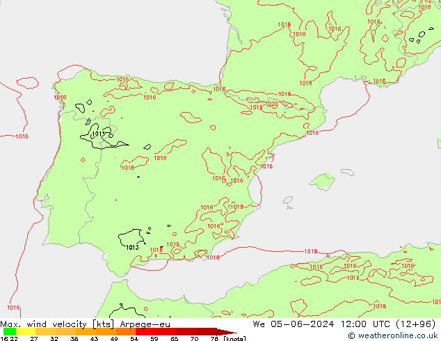 Max. wind velocity Arpege-eu mer 05.06.2024 12 UTC