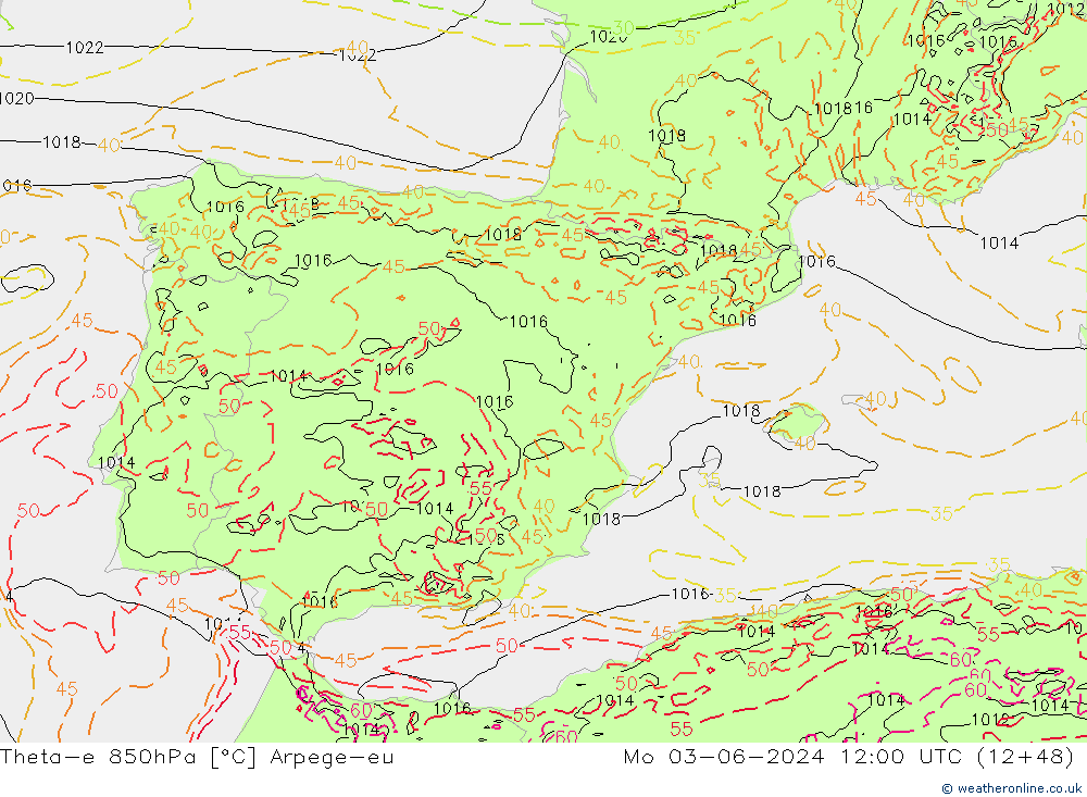 Theta-e 850hPa Arpege-eu Pzt 03.06.2024 12 UTC