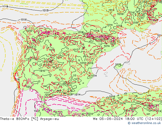 Theta-e 850hPa Arpege-eu St 05.06.2024 18 UTC