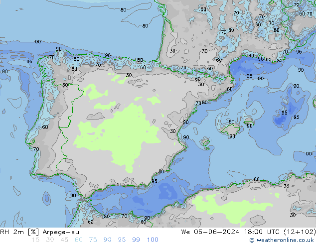 RH 2m Arpege-eu Qua 05.06.2024 18 UTC