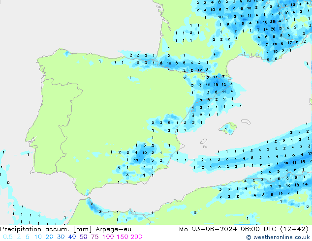 Precipitation accum. Arpege-eu Mo 03.06.2024 06 UTC