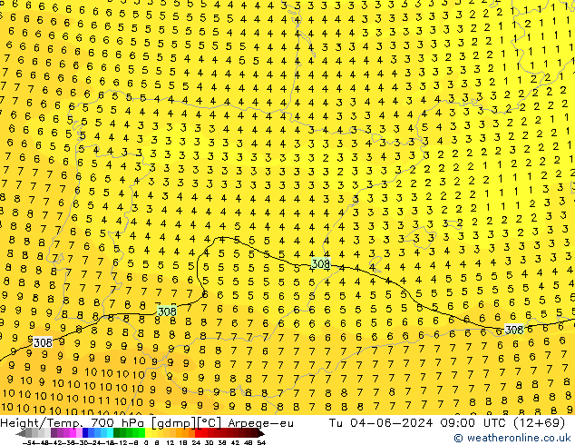 Height/Temp. 700 hPa Arpege-eu wto. 04.06.2024 09 UTC