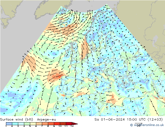 Surface wind (bft) Arpege-eu Sa 01.06.2024 15 UTC