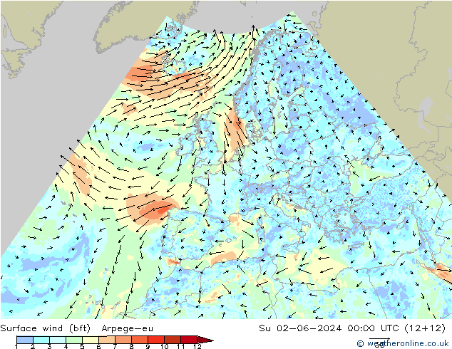 wiatr 10 m (bft) Arpege-eu nie. 02.06.2024 00 UTC
