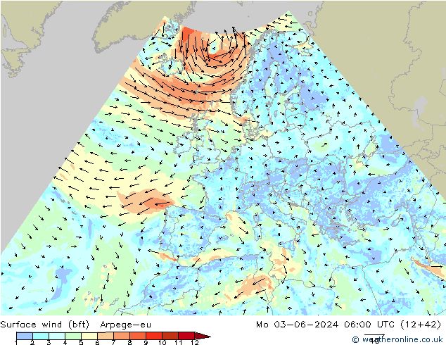 Bodenwind (bft) Arpege-eu Mo 03.06.2024 06 UTC