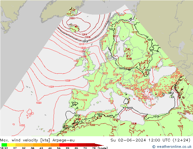 Max. wind velocity Arpege-eu Su 02.06.2024 12 UTC