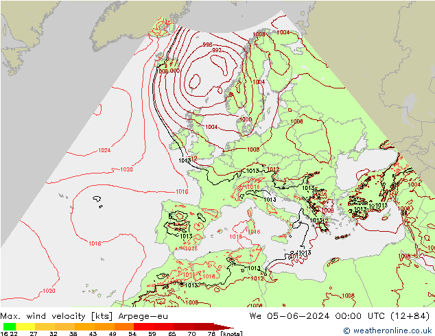 Max. wind velocity Arpege-eu Qua 05.06.2024 00 UTC
