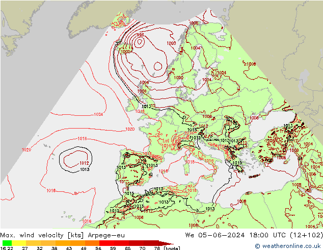 Max. wind velocity Arpege-eu We 05.06.2024 18 UTC