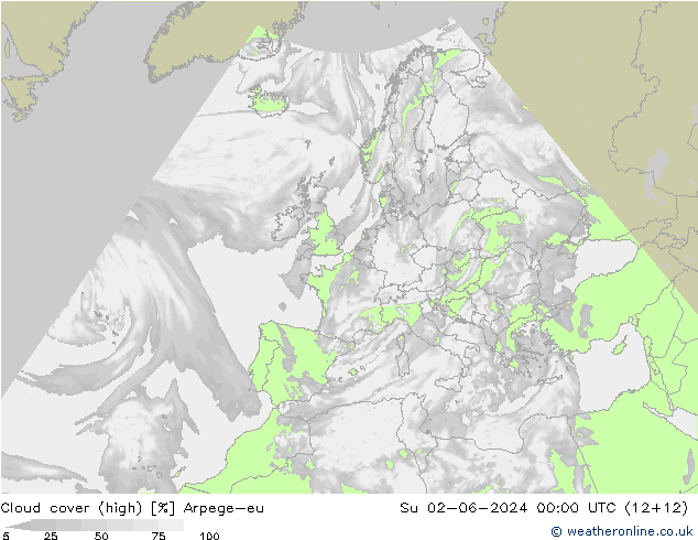 Cloud cover (high) Arpege-eu Su 02.06.2024 00 UTC