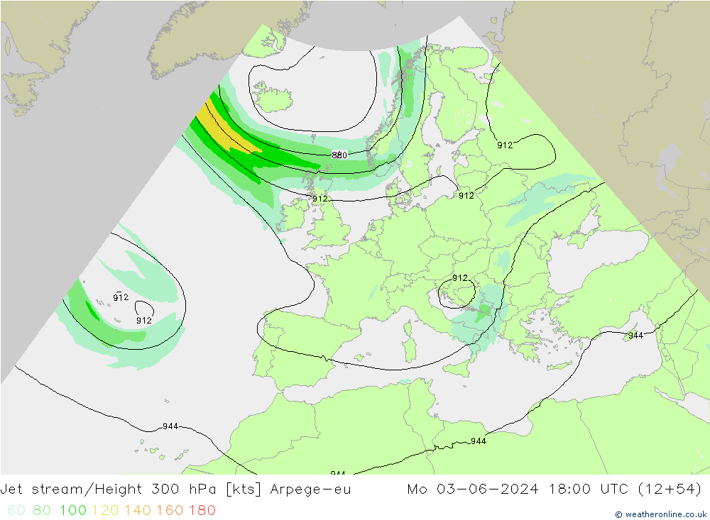 Jet stream/Height 300 hPa Arpege-eu Mo 03.06.2024 18 UTC