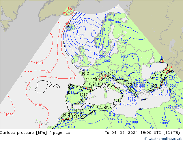 Surface pressure Arpege-eu Tu 04.06.2024 18 UTC