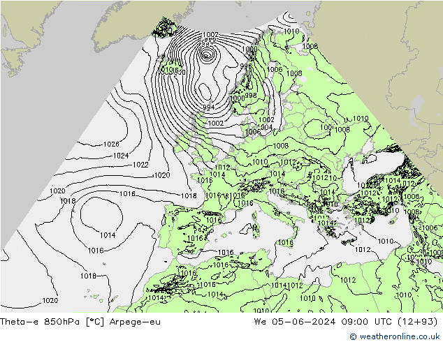 Theta-e 850hPa Arpege-eu mié 05.06.2024 09 UTC