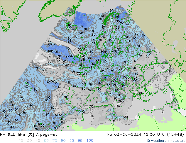 925 hPa Nispi Nem Arpege-eu Pzt 03.06.2024 12 UTC