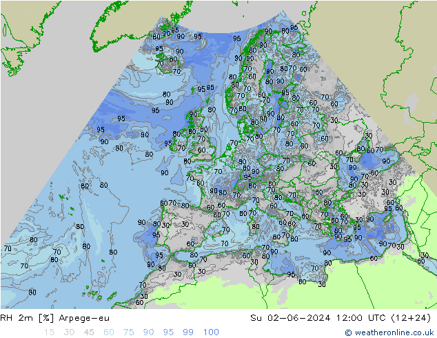 RH 2m Arpege-eu Su 02.06.2024 12 UTC