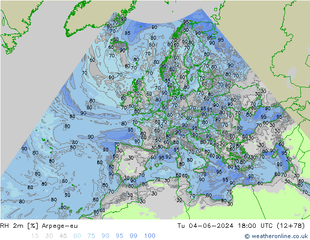 RH 2m Arpege-eu Tu 04.06.2024 18 UTC