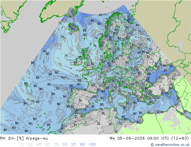 Humedad rel. 2m Arpege-eu mié 05.06.2024 09 UTC