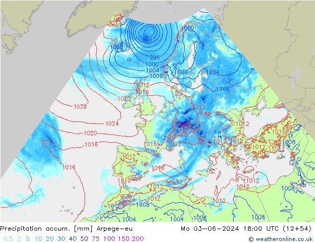 Totale neerslag Arpege-eu ma 03.06.2024 18 UTC