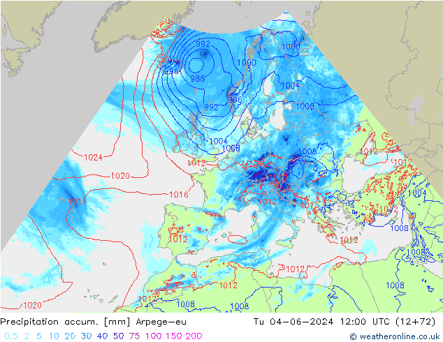 Totale neerslag Arpege-eu di 04.06.2024 12 UTC
