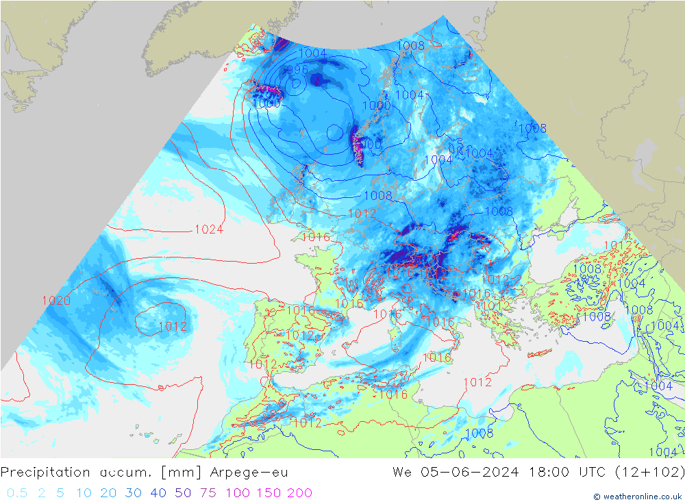Precipitation accum. Arpege-eu mer 05.06.2024 18 UTC