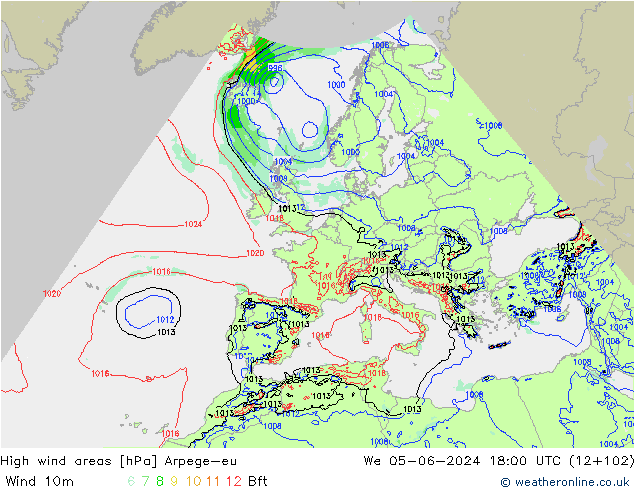 High wind areas Arpege-eu We 05.06.2024 18 UTC