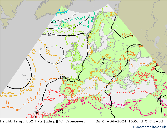 Yükseklik/Sıc. 850 hPa Arpege-eu Cts 01.06.2024 15 UTC