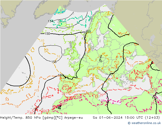 Height/Temp. 850 hPa Arpege-eu Sa 01.06.2024 15 UTC