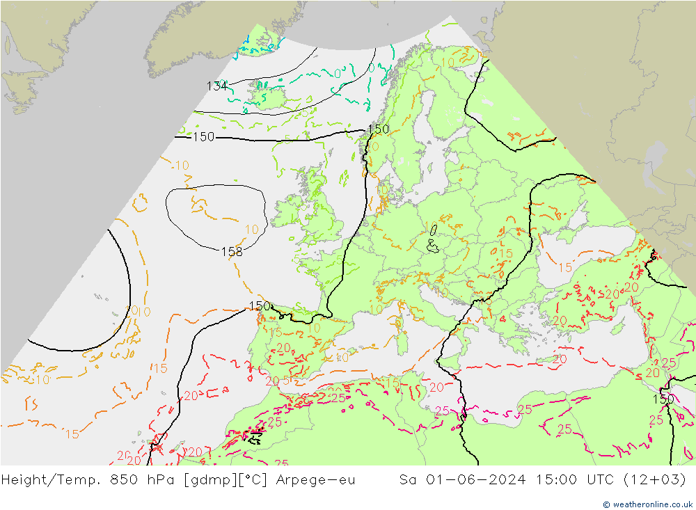 Height/Temp. 850 hPa Arpege-eu Sáb 01.06.2024 15 UTC