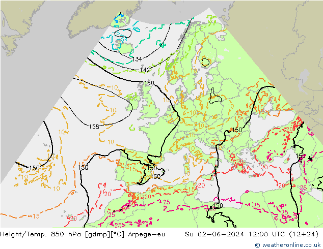 Height/Temp. 850 hPa Arpege-eu Ne 02.06.2024 12 UTC