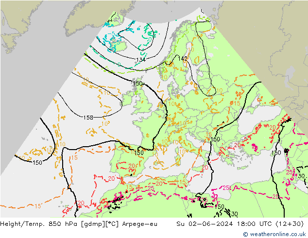 Yükseklik/Sıc. 850 hPa Arpege-eu Paz 02.06.2024 18 UTC