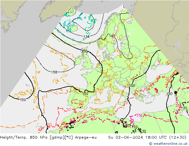 Height/Temp. 850 hPa Arpege-eu Su 02.06.2024 18 UTC