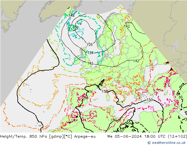 Hoogte/Temp. 850 hPa Arpege-eu wo 05.06.2024 18 UTC