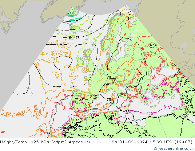 Géop./Temp. 925 hPa Arpege-eu sam 01.06.2024 15 UTC