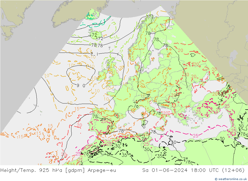 Height/Temp. 925 hPa Arpege-eu Sa 01.06.2024 18 UTC
