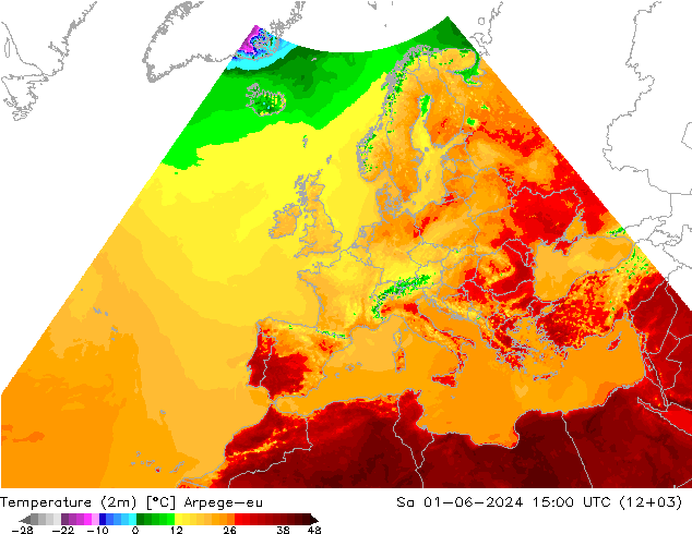 mapa temperatury (2m) Arpege-eu so. 01.06.2024 15 UTC