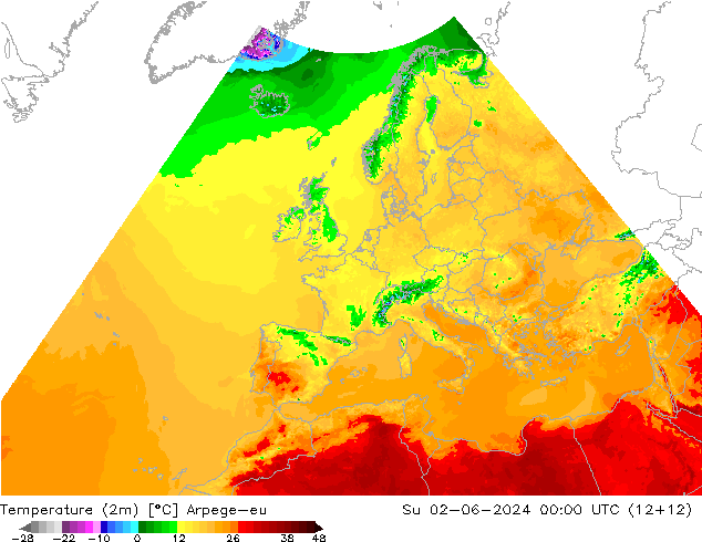 Sıcaklık Haritası (2m) Arpege-eu Paz 02.06.2024 00 UTC