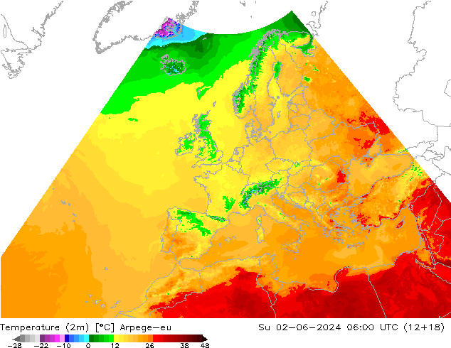 Temperature (2m) Arpege-eu Su 02.06.2024 06 UTC