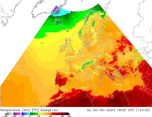 Temperaturkarte (2m) Arpege-eu So 02.06.2024 18 UTC