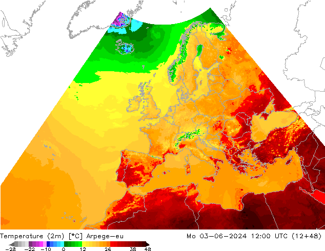 Temperaturkarte (2m) Arpege-eu Mo 03.06.2024 12 UTC