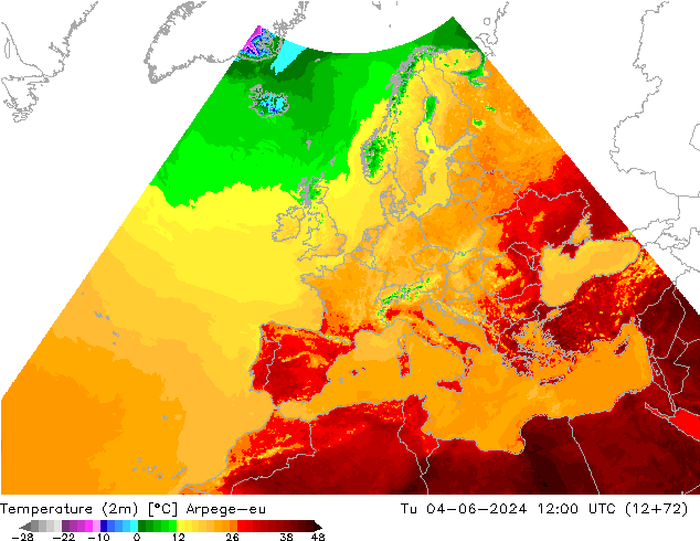 Temperature (2m) Arpege-eu Út 04.06.2024 12 UTC