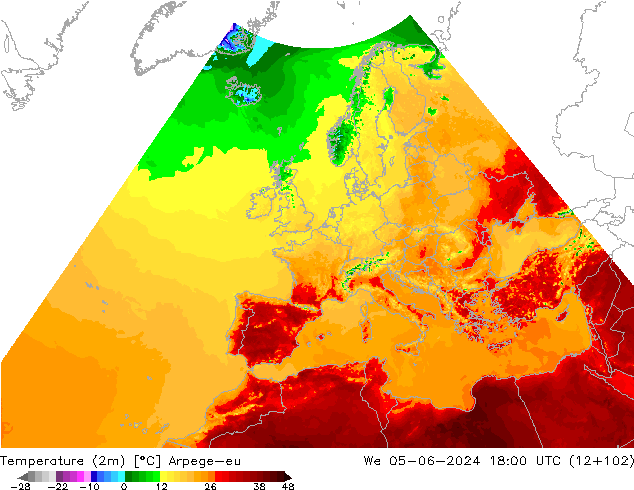Temperatuurkaart (2m) Arpege-eu wo 05.06.2024 18 UTC