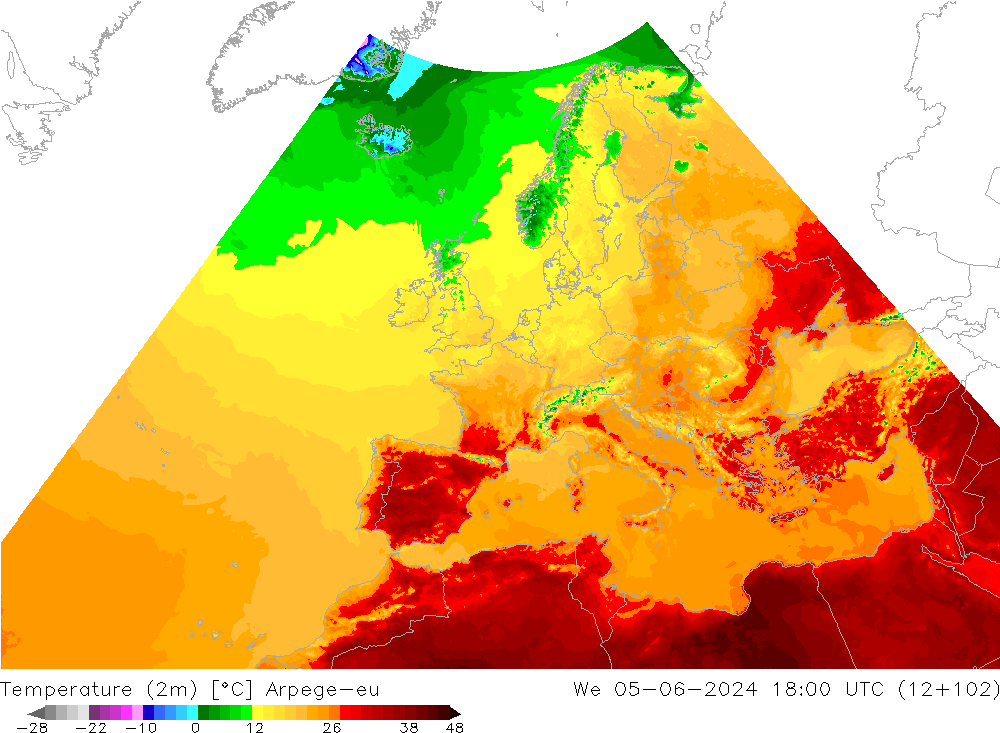 Temperature (2m) Arpege-eu We 05.06.2024 18 UTC