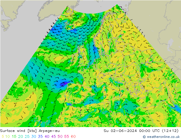 Viento 10 m Arpege-eu dom 02.06.2024 00 UTC