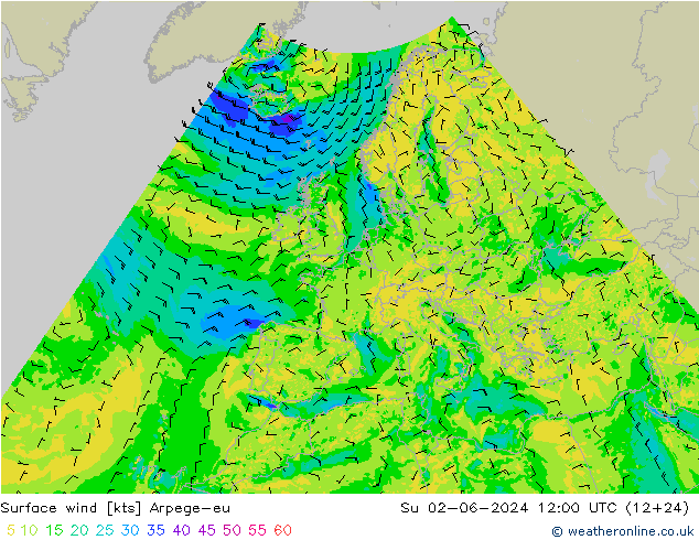 Surface wind Arpege-eu Su 02.06.2024 12 UTC